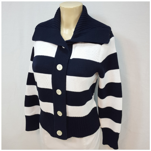 Chaps Sweaters - CHAPS, Navy Striped Knit Cardigan, size Large
